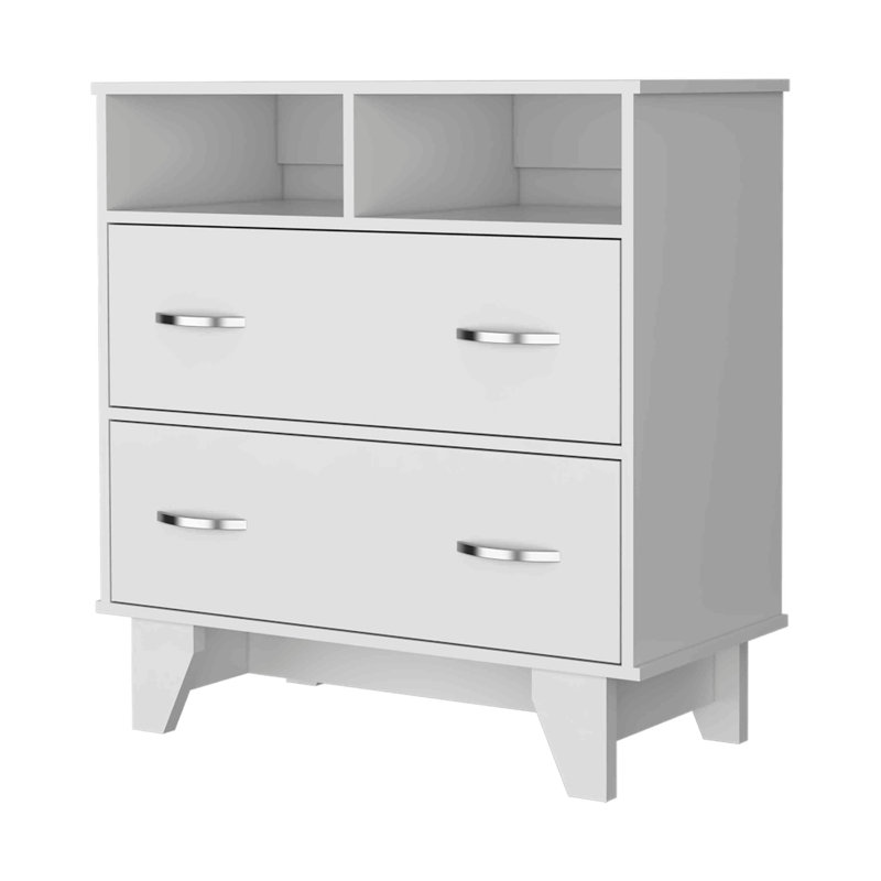 Commode à deux tiroirs Portobelo, deux tablettes, plateau supérieur, quatre pieds, Blanc