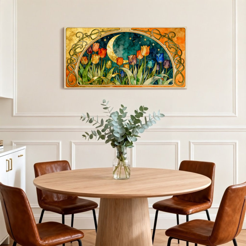 Mode, tulipes, lune et étoiles, cadre artistique, H 16 po x l 32 po