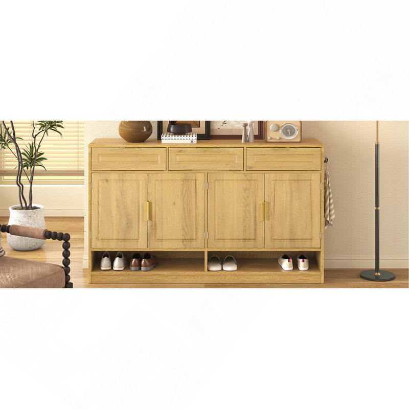 Buffet 59,1 "style U avec 3 tiroirs et 4 portes, armoire de rangement multifonctionnelle avec tablette réglable et compartiments de rangement ouverts