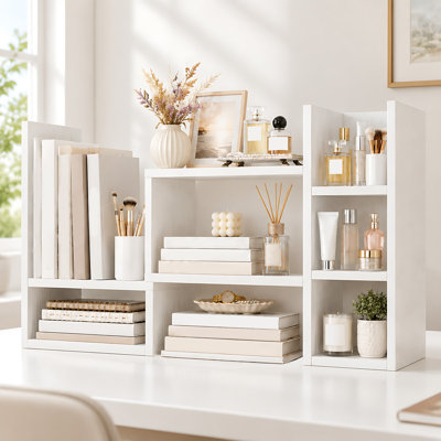 Bibliothèque de bureau blanche à angle réglable. Organisateur de bureau extensible à plusieurs compartiments. Support de rangement de table pour le bureau. Fournitures d'étude et de maquillage