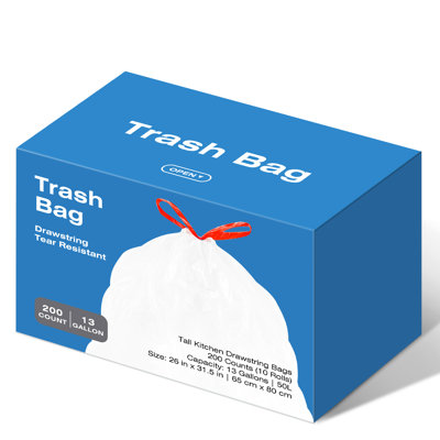 Sacs poubelle à cordon 50L - 200 sacs en plastique 13 gallons, blanc, non parfumés, étanches, sans déchirure, doublures de poubelle pour la cuisine, la maison, le bureau