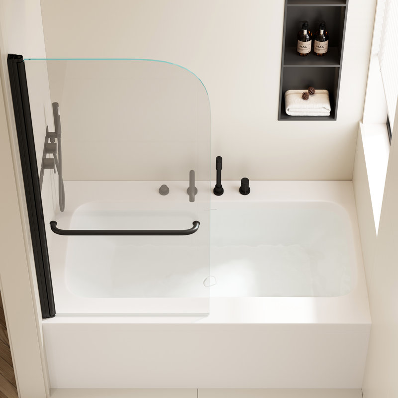 30 po W * 58 H porte de douche pour baignoire - aluminium noir mat, plaque vive vive trempée de 6 mm