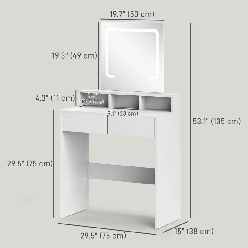 Meuble-lavabo moderne avec lumières DEL et miroir, 2 tiroirs, 3 compartiments, commande tactile, câble USB (sans adaptateur)