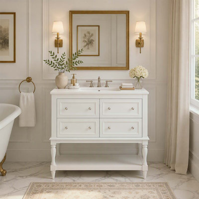 36 Inch Bathroom Vanity Cabinet with Undermount Ceramic Sink, Free Standing Set with 4 Drawers, Wood Frame, White