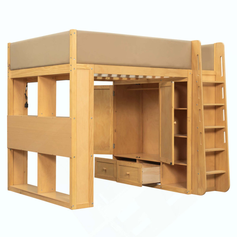 Lit mezzanine en bois massif avec barrières de sécurité entièrement recouvertes de cuir PU, lit surélevé avec armoire intégrée, tiroirs, étagères à plusieurs niveaux et éclairage DEL d'ambiance.