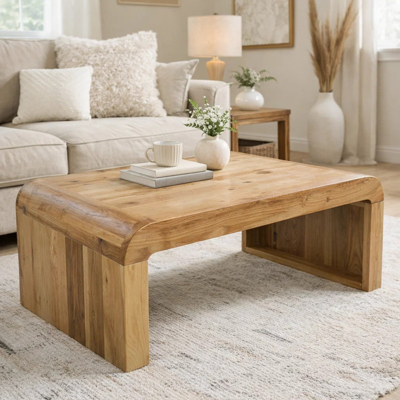 Elainea 36 Inch Coffee Table, Handcrafted Natural Acacia Wood, Rectangular Curved Waterfall Top