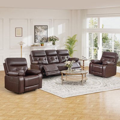 3-Piece Modern Tufted Power Reclining Living Room Set – 2 Top-Grain Leather Recliners + 3-Seat Sofa With USB & Hidden Cup Holders