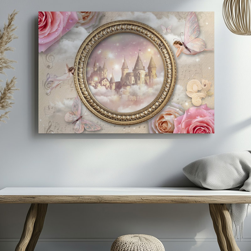 Toile, création d'une illustration numérique sur le thème du pastel fantaisiste inspirée d'un art mural féerique avec cadre doré