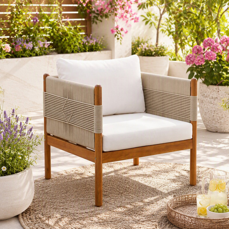 Fauteuil club d'extérieur en bois d'acacia durable avec tissage à la main en corde de diamant et coussins moelleux