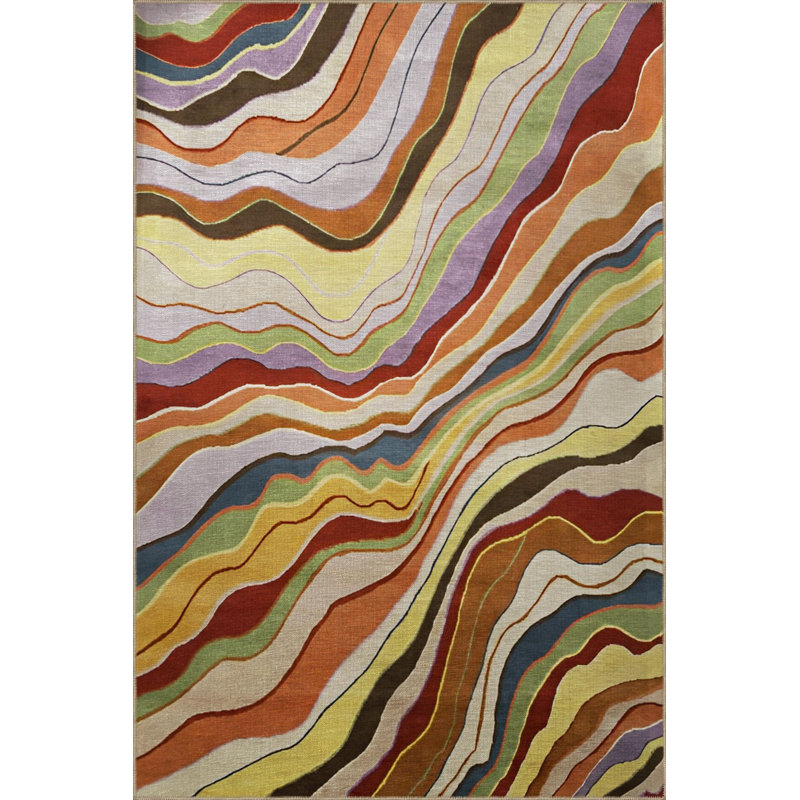 Multi Color Mixed Wavy Stripe Line Pattern Creative Modern Decorative Machine Washable Area Rug, Runner 3'3" x 6'7"
