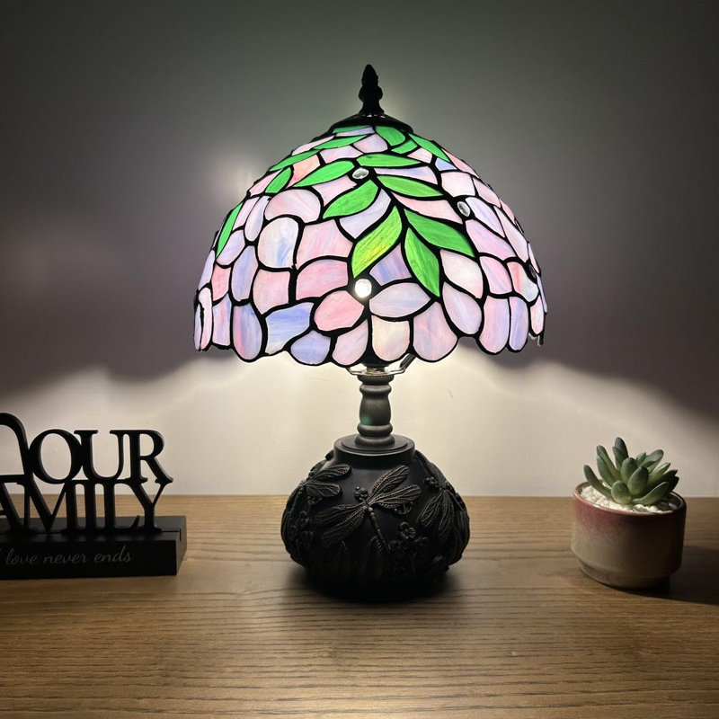 Haruko Tiffany Table Lamp Blue Stained Glass Green Leaves LED Bulb Included Dragonfly Base 10"W*10"D*14"H, Purple/Green