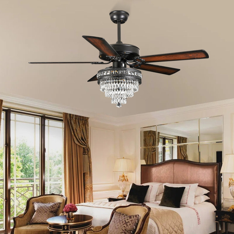 52"/62"/72“ Crystal Ceiling Fan Fandelier With Lights And Remote Control,6-Speed Reversible Quiet DC Motor , Black, 52"