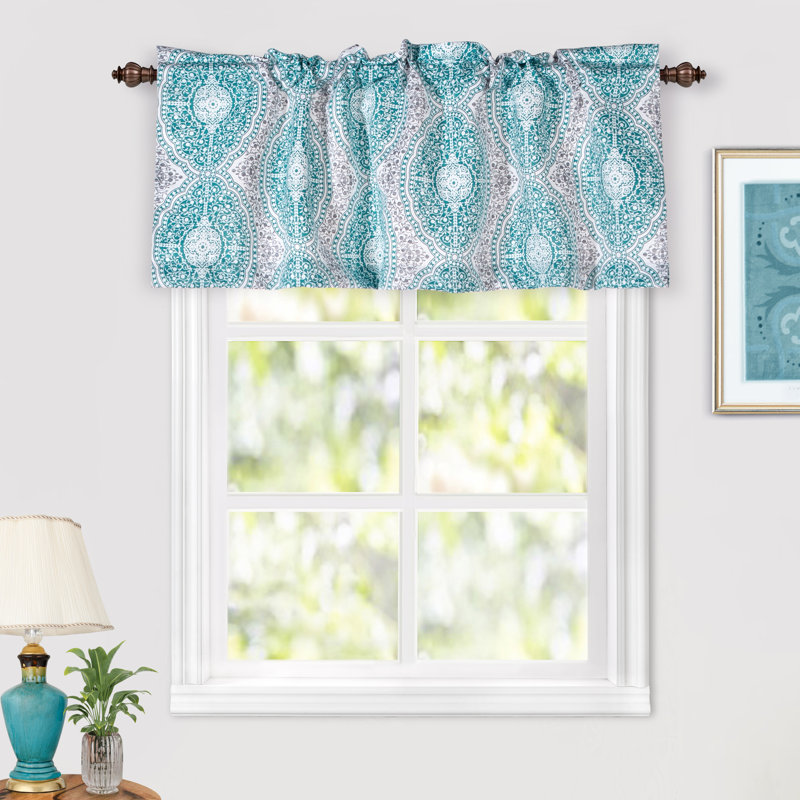 Zambrana Room Darkening Damask and Floral Pattern Window  Kitchen Valances 1 Pack, 52" W x 20" L, Teal