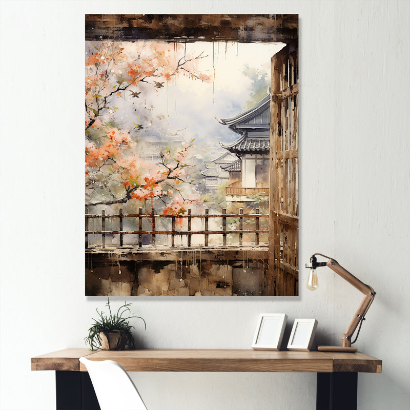 «Beige Window To Osaka II», art mural grand Osaka, Toile tendue, H 32 po x l 24 po x P 1 po