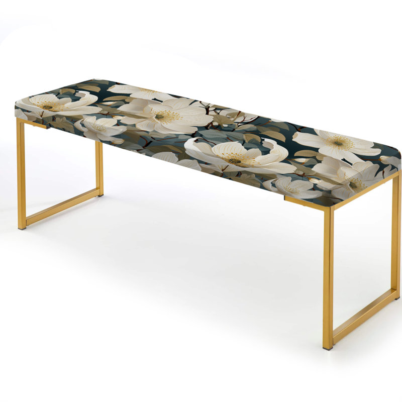 Banc floral rembourré or, Fleurs blanches et roses vertes