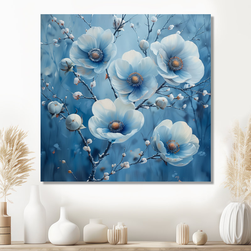 Bleu et blanc, coquelicots, hiver, beauté II - Coquelicots, art mural, Métal métal, 30" H x 30" W