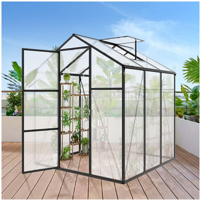 6x6FT Walk-in Outdoor Greenhouse - Polycarbonate Garden Greenhouse with Sturdy Aluminum Frame, Adjustable Vents, Lockable Door & UV Protection for Backyard