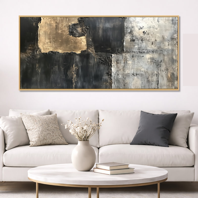 «Slab Collage», art mural abstrait gris et noir, Jeff, Cadre naturel flottant, H 28 po x l 60 po