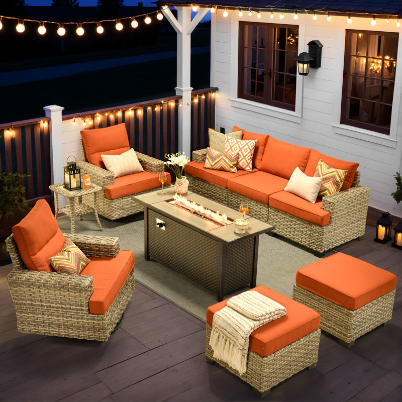 Wahkon Wicker/Rattan 5 - Person Seating Group With Swivel Chairs and Cushions, Orange