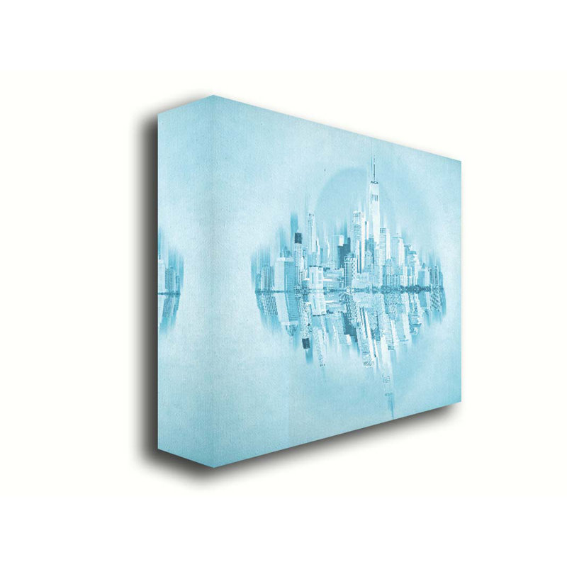 Blue City par Hal Halli. Toile tendue avec estampe numérique, taille de l'image, H 32 po x l 40 po, Toile tendue