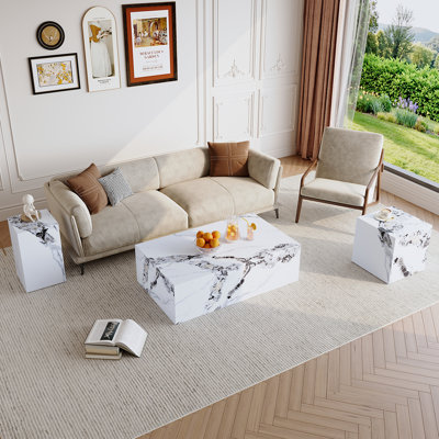 Coffee Table Set Of 3, Modern Coffee Table And End Table Sets With Cube Side Table And Tall Pedestal Accent Table