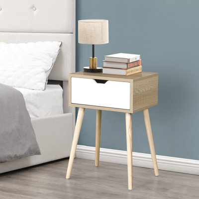 Table d'appoint de style Mid-Century avec 1 tiroir et pieds en bois d'hévéa, rangement dans la chambre à coucher de couleur unie blanche, armoire moderne à assemblage simple pour pièce, bois, espace
