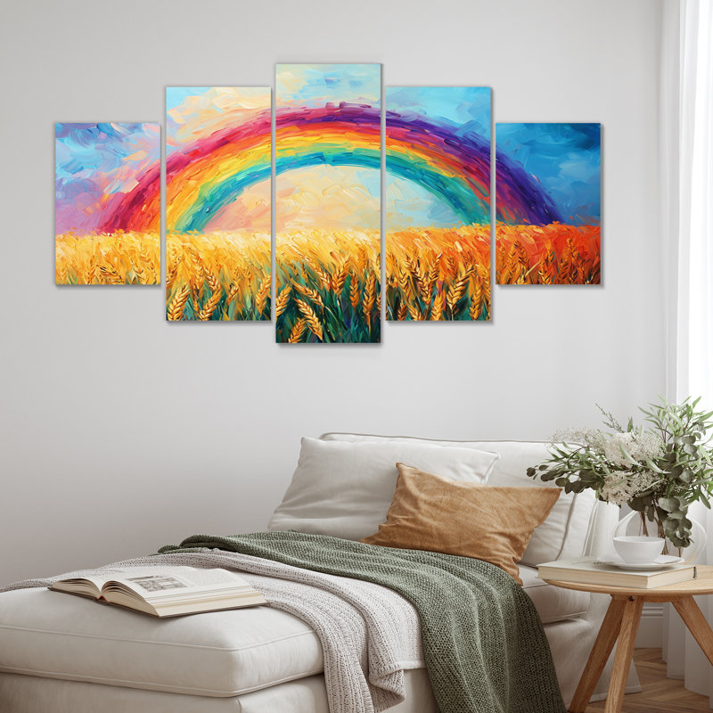 «Rainbow Over the Wheat Fields I» - Art mural arc-en-ciel - Art mural sur toile Trad