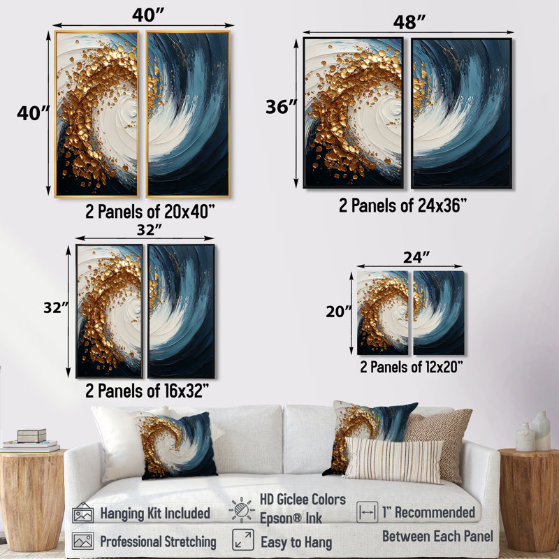 Art mural moderne blanc, bleu et or, "Maelstrom I" - 2 pièces, 36" H x 48" W, Impression encadrée flottante, Gold