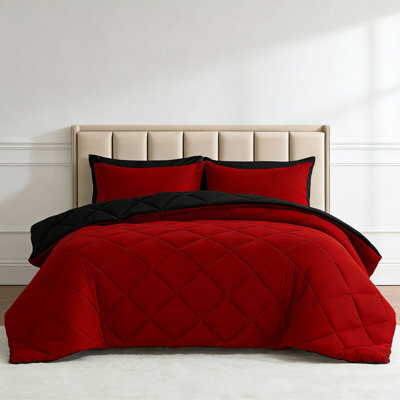 5 Piece Twin Reversible Comforter Set Red Black
