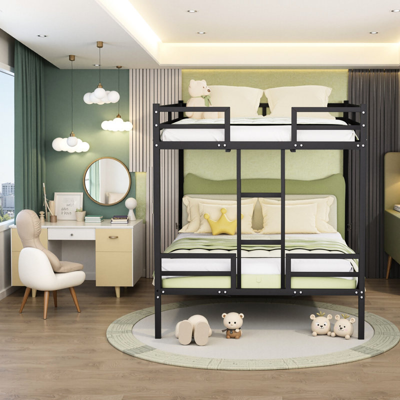 Grand lit superposé noir avec structure en métal, garde-corps et configuration de 110 lb par charge, haut pour la protection, montée confortable, rangement élégant sous le lit, solution d'espace, simplicité