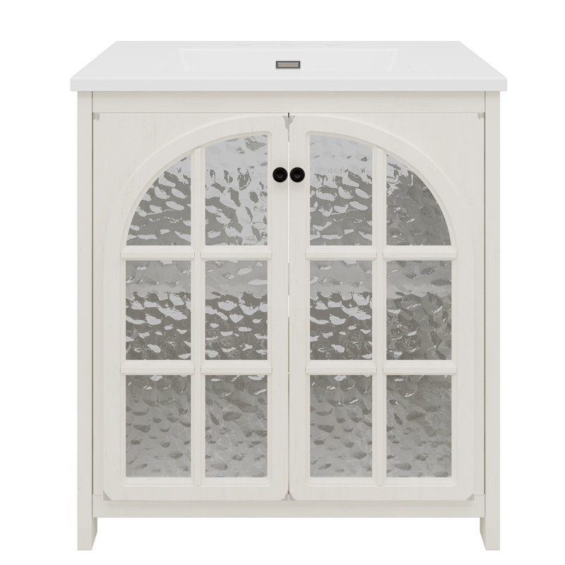 Meuble-lavabo 31 po avec lavabo en céramique, poignées en bronze, blanc antique 31 po, Blanc antique