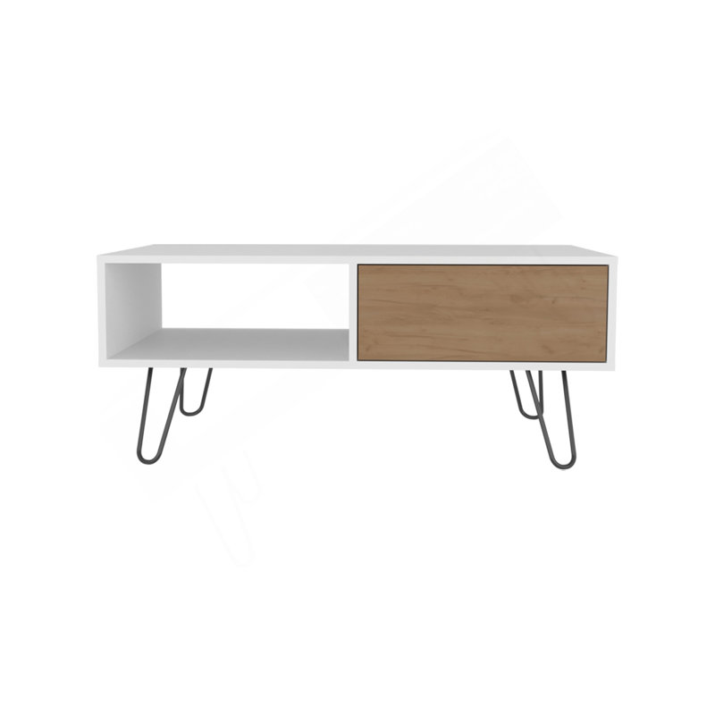 Table basse Tori de 39 po de large avec un tiroir, une tablette, rectangulaire, blanc et chêne naturel