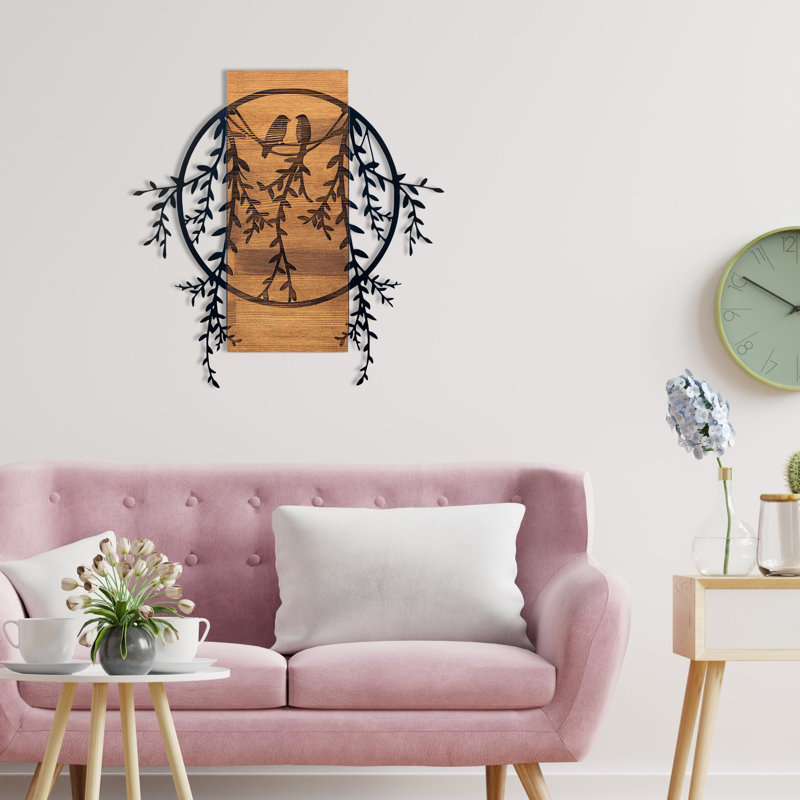 Élégant accessoire mural décoratif en bois, finition noire et noyer, 24,9 po x 25,6 po | Cadre 100% métal (épaisseur: 0,05 po) et dossier 100% bois (épaisseur: 1,2 po) | Parfait pour la décoration moderne, durable et élégante
