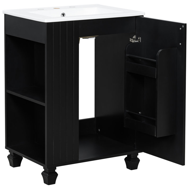Meuble-lavabo classique de 24 po avec trop-plein de finition, 5 tablettes, compartiments ouverts latéraux et surface de lavabo lisse en pin de 24 po, structure solide, tablettes de rangement à 2 niveaux