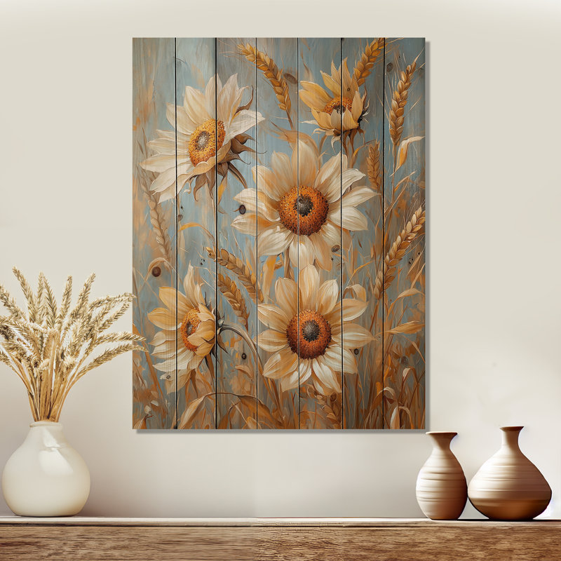 Sunflowers In The Wheat Barnyard IV - Sunflowers Wood Wall Art - On Natural Pine Wood, 40" H x 30" W x 0.78" D