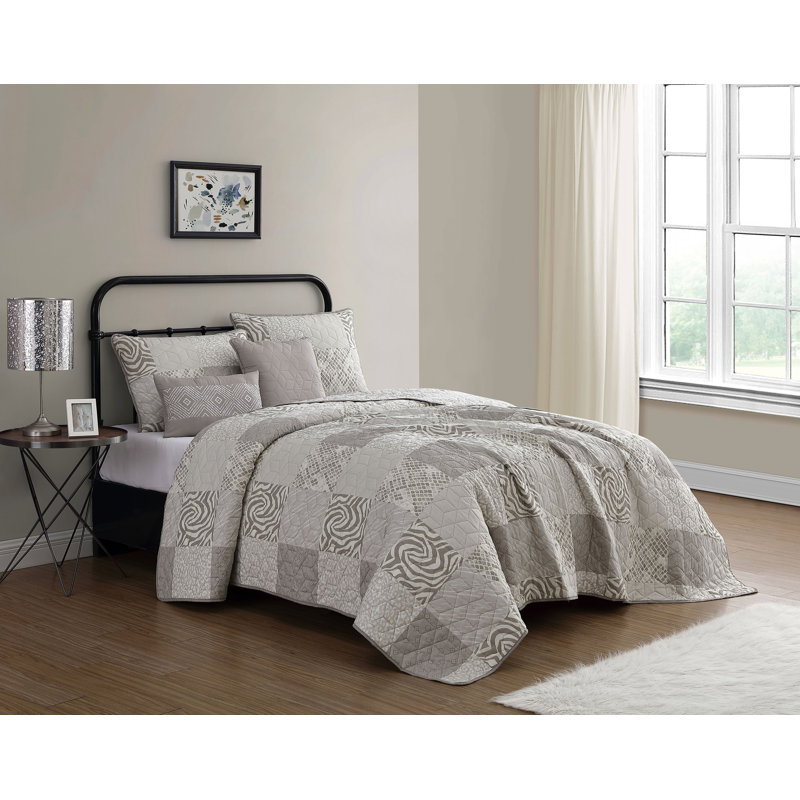 Ensemble de courtepointe réversible Ziva, Courtepointe simple + 1 taie décorative + 2 couss, Taupe / ivoire
