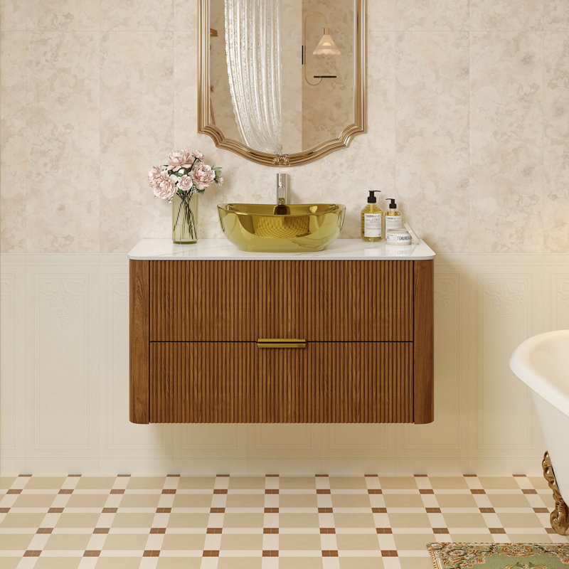 Ensemble de meuble-lavabo flottant simple 36 po avec lavabo en céramique dorée, bois massif brun, 2 tiroirs