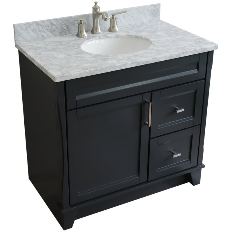 Amedea 37'' Single Bathroom Vanity with Top, Dark Gray, White Carrara Marble
