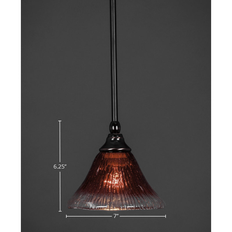 Stem Hung Mini Pendant With 7" Raspberry Crystal Glass, Black Copper