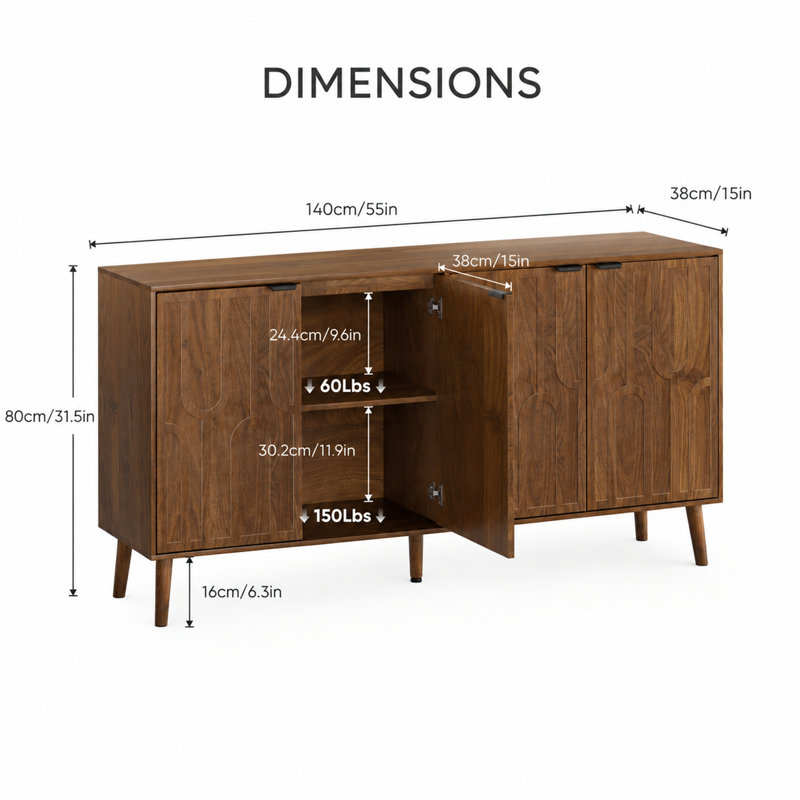 Buffet à quatre portes, étagères ajustables, couleur noyer, poignées en métal, style moderne du milieu du siècle
