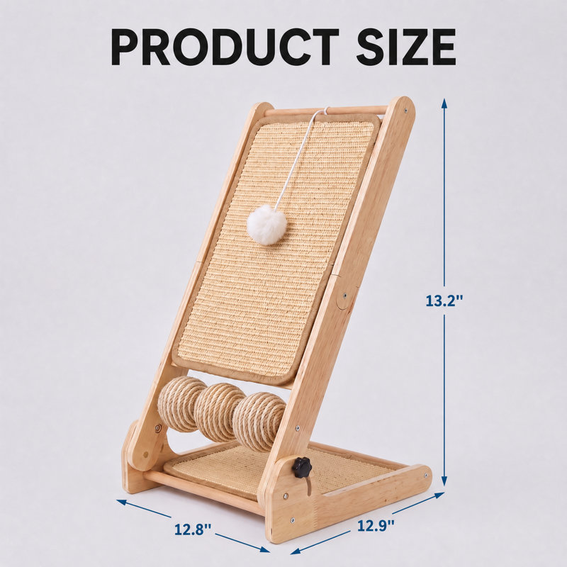 Griffoir vertical à angle réglable pour chat, cadre en bois naturel, griffoir en sisal avec balles interactives, griffoir multifonctionnel pour chats d'intérieur afin d'aiguiser leurs griffes et de lutter contre l'ennui.