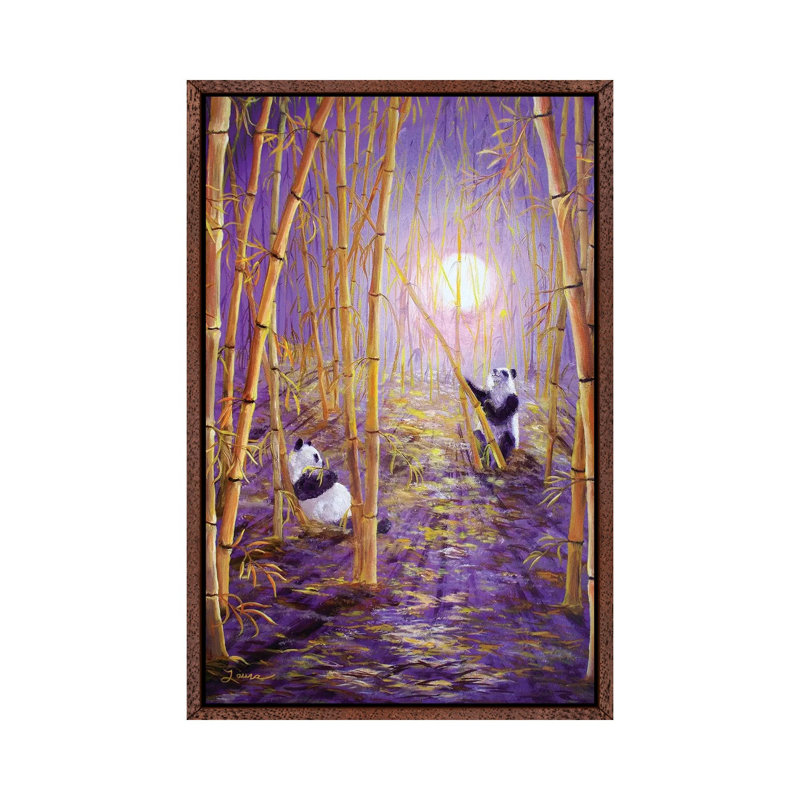 Harvest Moon Pandas by Laura Iverson - Painting on Canvas, Classic Brown Wood Floater Framed