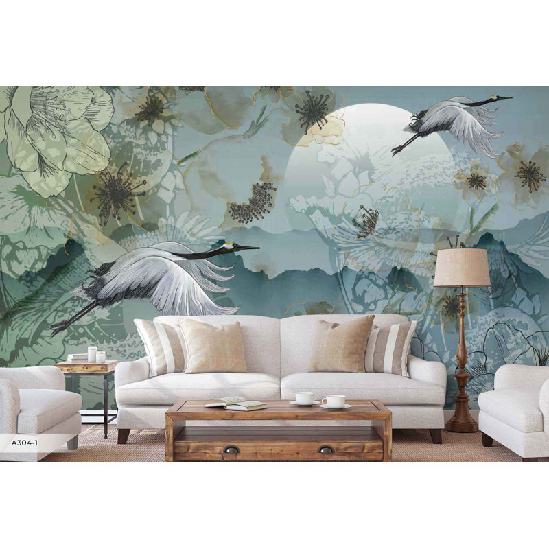 Papier peint Serene Cranes And Blossoms, L 984 po x l 122 po, Bleu