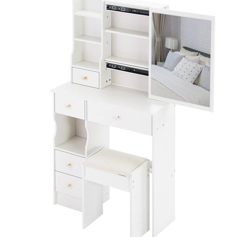 Small - Sized White American Style Vanity Table With Left Drawer, Right Sliding Mirror, Multi Layer Storage And Cushioned Stool For Spaces 50.4" High Extra Large In Bedrooms