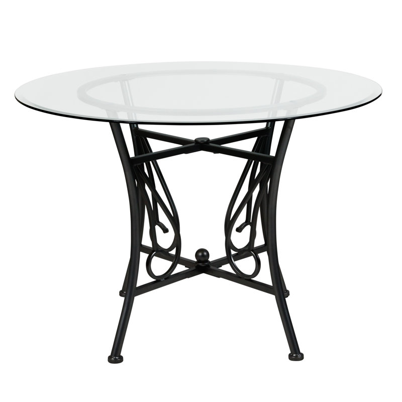 Corkey North 42'' Round Glass Dining Table with Curl Accent Matte Metal Frame, 29" H x 42" L x 42" W, Black/Clear