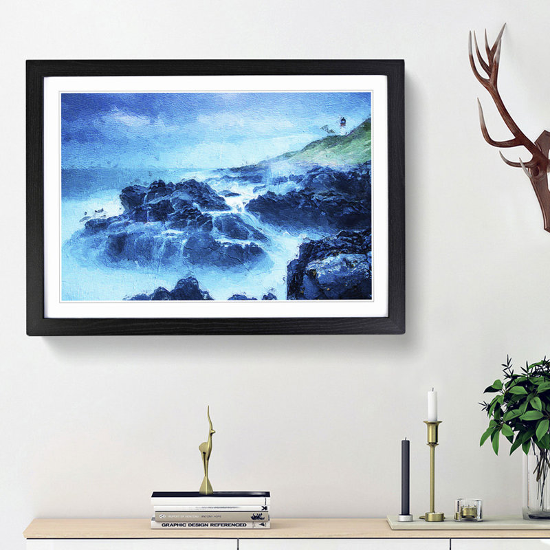 Lighthouse on a Hill with Seascape - Picture Frame Painting Print, Black Framed, 36cm H x 48cm W x 2cm D