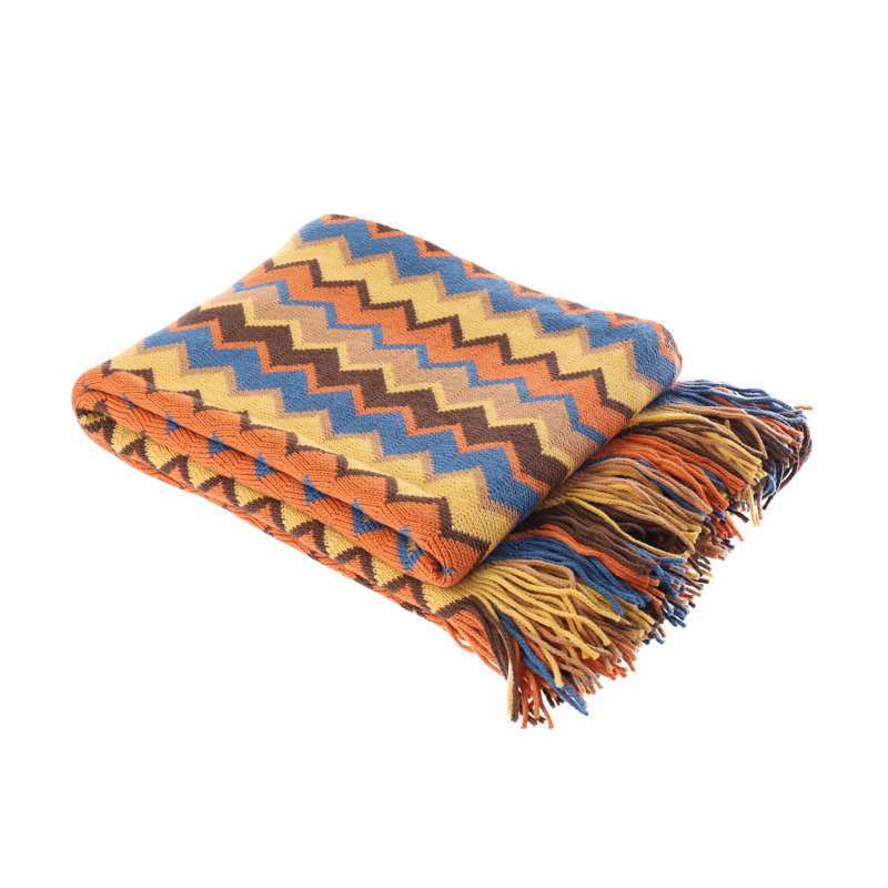 Boho Multicolor Knitted Acrylic Throw Blanket with Tassels, 50" x 60"