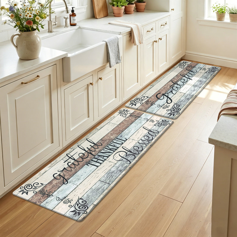 Anti-Fatigue Non-Skid Waterproof Kitchen Mat (Set of 2), Runner 18" x 30" + 18" x 48", Teal/Brown/Beige