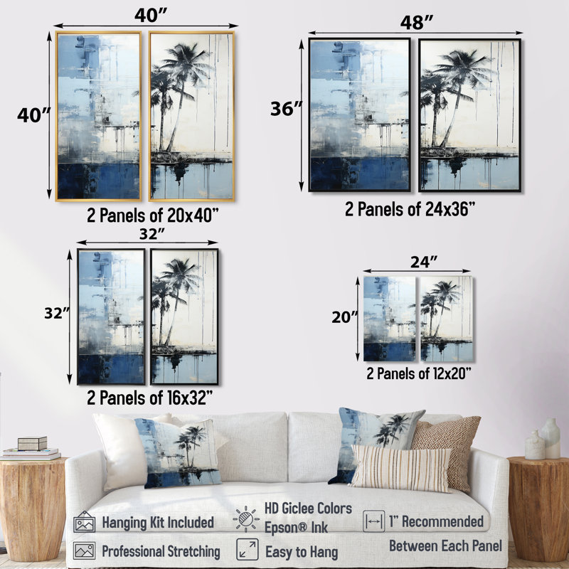 Collage de palmier tropical bleu et gris - art mural surdimensionné côtier, Wrapped Canvas, Does Not Apply, 36" H x 48" W