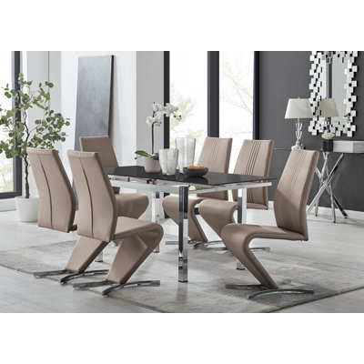Tierra Modern Glass & Metal Extendable Dining Table Set & 6 Luxury Faux Leather Dining Chairs
